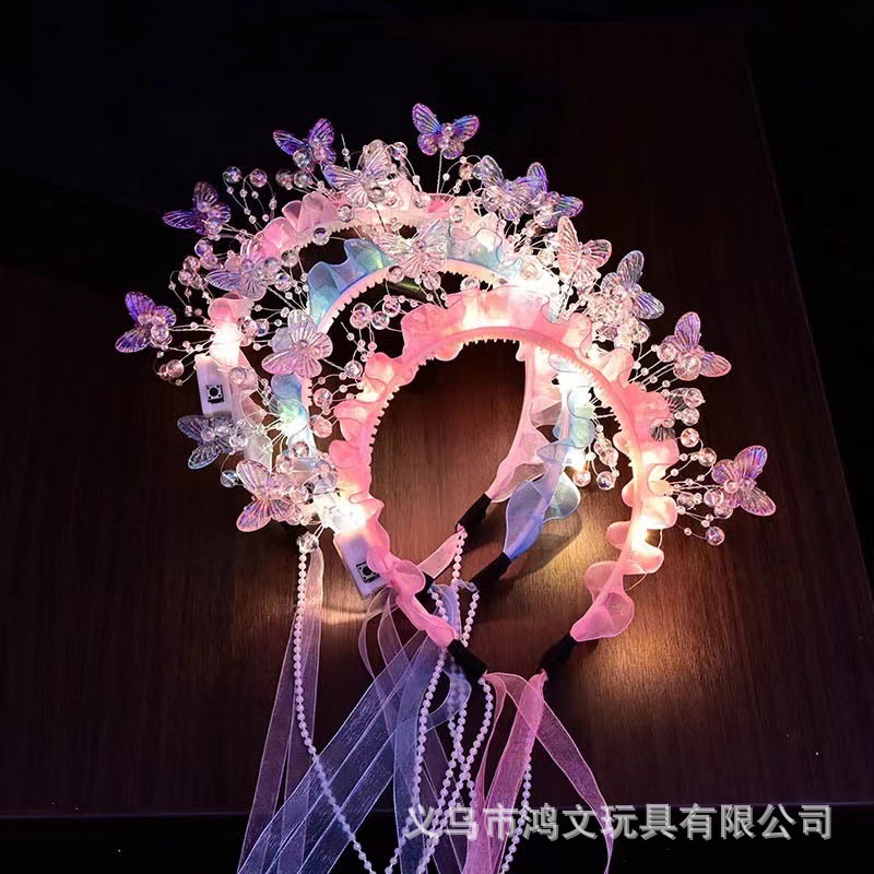 summer hot-selling new arrival wearing flower luminous headband finished colorful butterfly fairy birthday gift girl ribbon headdress
