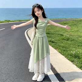女大童夏季休闲套装2026新款中大童甜美小清新上衣半身裙两件套潮