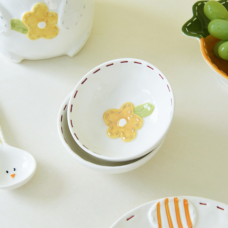 Tazón de conejo en relieve súper lindo, vajilla para niños, plato de salsa para mojar, tazón de arroz de pequeña capacidad para el hogar, tazón de verduras, tazón de fideos, tazón de sopa
