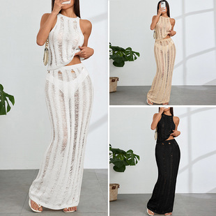 Amazon Cross-border Women's Sexy Hot Hollow Flower Texture Sleeveless Maxi suit Beach Blouse Maxi