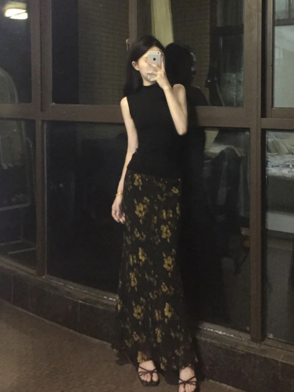 半身裙女夏长款2025小个子复古黄玫瑰裙子套装轻熟碎花修身包臀裙|undefined