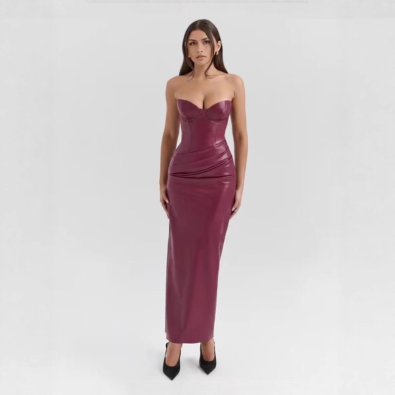 亚马逊欧美跨境新款皮革抹胸连衣裙 性感绑带开衩包臀长裙晚礼服