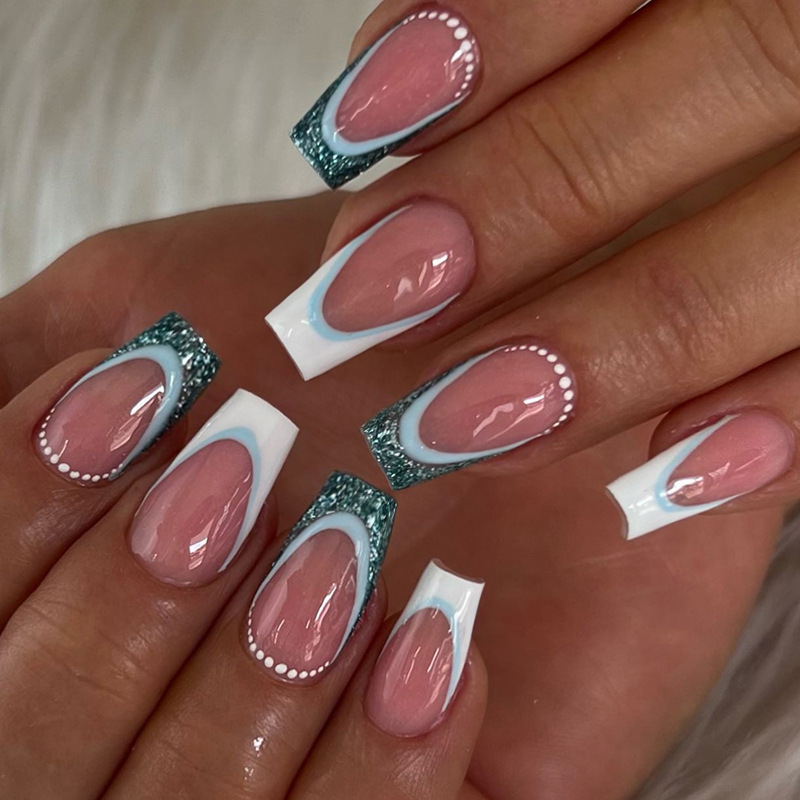 Chinese Ballet Armor Light Blue French Fresh Glitter Nail Art European and American Fashion French Fake Nail Finished Products Wholesale Chinese Ballet Armor Light Blue French Fresh Glitter Nail Art European and American Fashion French Fake Nail Finished Products Wholesale