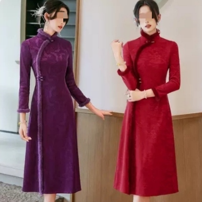 Purple Jacquard Fleece-Lined Chinese-Style Long-Sleeved Improved Cheongsam Winter Thick Vintage Mother's Dress