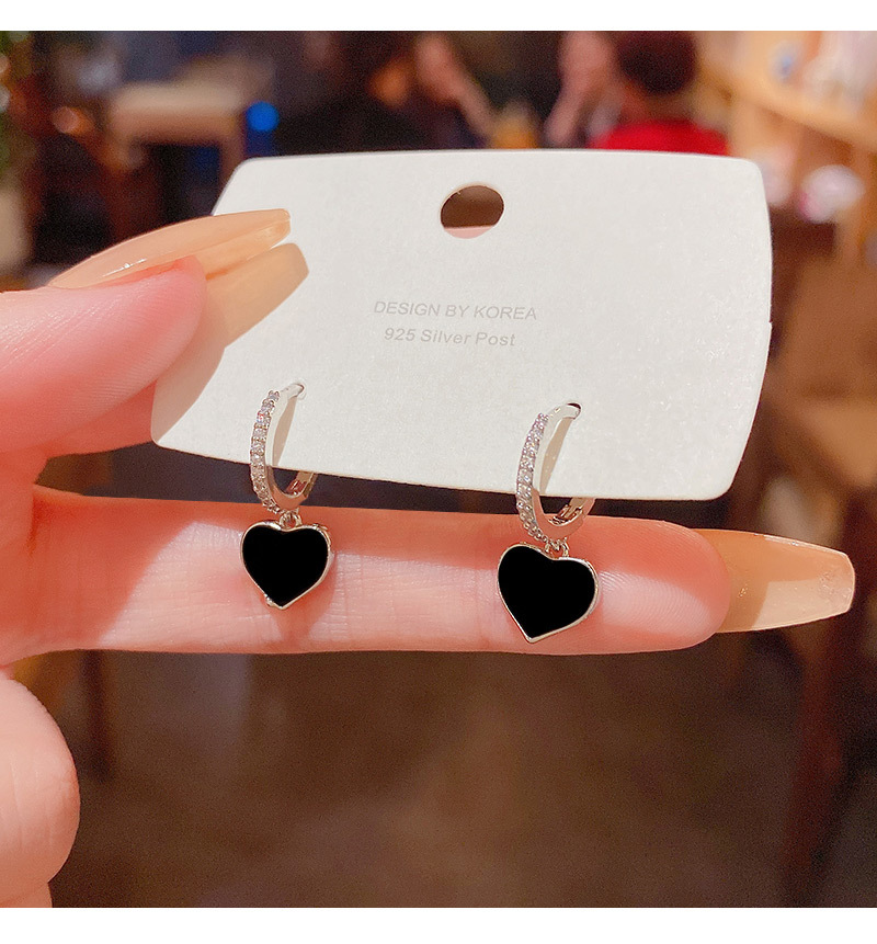 Sterling Silver Needle Black Drop Oil Love Pendant Earrings for Women