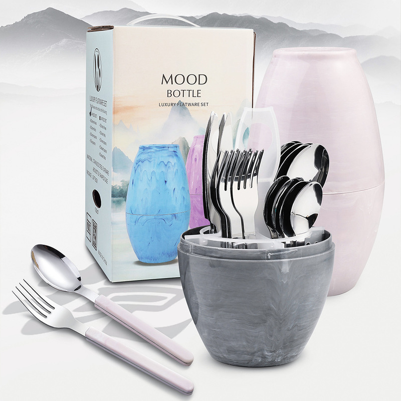 W creative landscape painting color clip handle knife, fork and spoon suit 430 stainless steel dune girl heart dessert gift tableware
