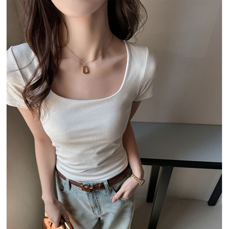 엄선된 화이트 스퀘어넥 베이직 반팔 티셔츠 여성 여름 슬림핏 배꼽 노출 섹시 탑 하이엔드