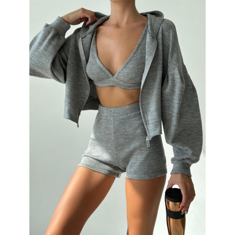 European And American Style Sports Suit Basic Solid Color Hooded Loose Zipper Jacket Small Vest + Shorts Casual_ecoleips.com