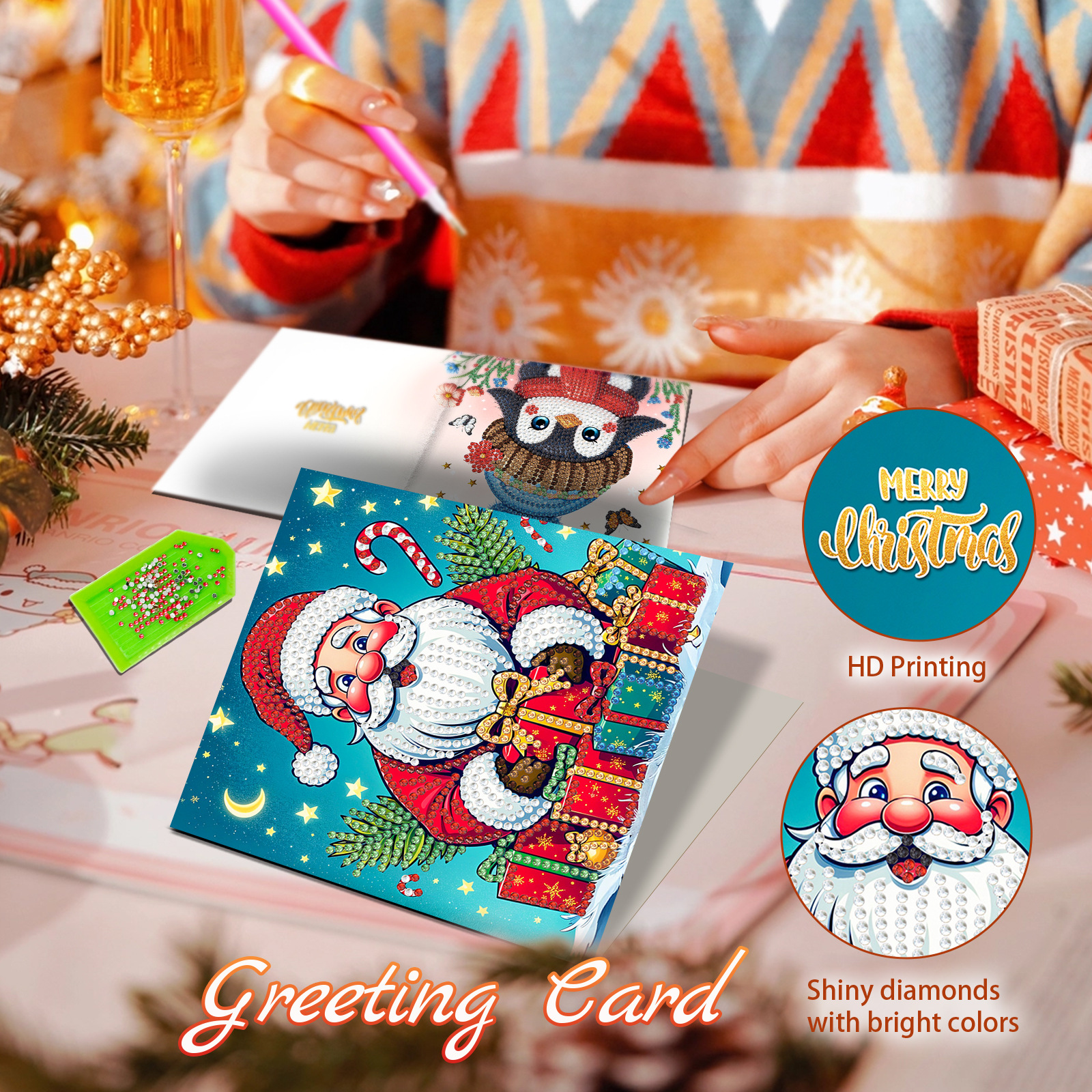 Explosiones transfronterizas de Navidad multiserie de tarjetas de felicitación puntuales hechas a mano 9 conjuntos de sobre de diamante 6 conjuntos de dibujos animados