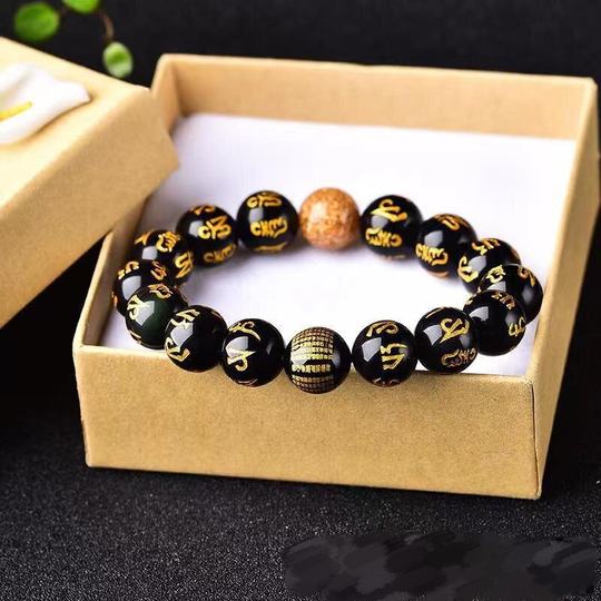 National fashion bracelet natural obsidian gilding six words mantra with black agate Heart Sutra round beads men's and women's single ring bracelet