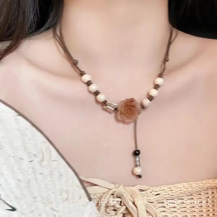 Chinese Zen Style ~ New Chinese-Style Camellia Woven Necklace, Ethnic Style Beaded Collarbone Chain, Adjustable Neck Chain Pendant