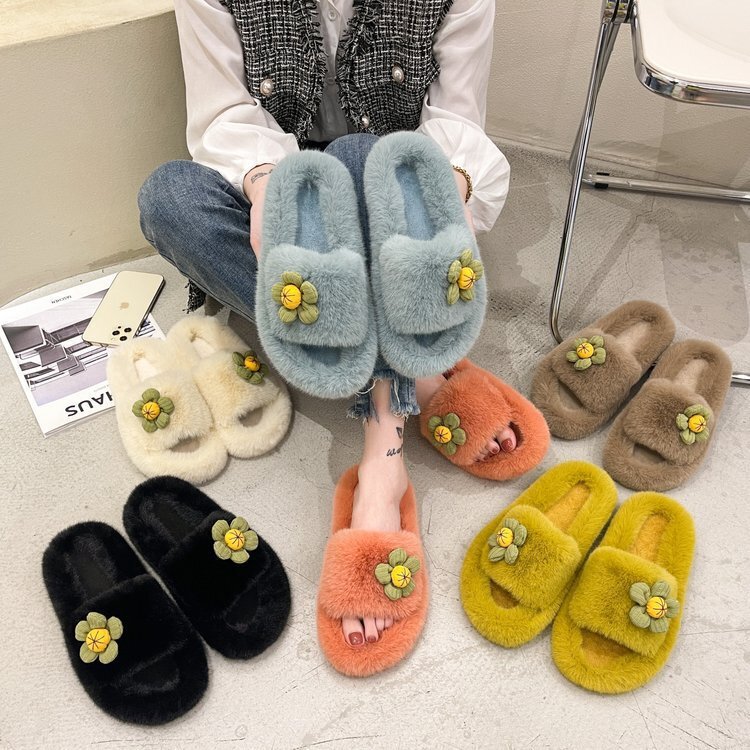 2025 New Fur Slippers Women's Shoes Cute Flower Flat Plush Slippers Soft Sole Home Fur Slippers