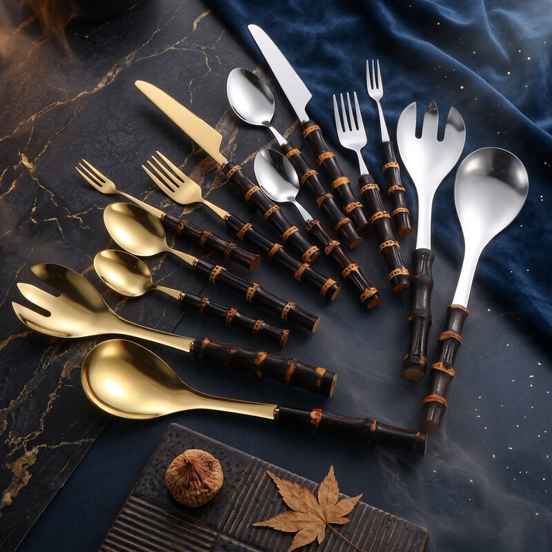 New Creative Purple Bamboo Handle Stainless Steel Cutlery Set with Natural Bamboo Handle Dessert Fork and Spoon, Public Spoon and Fork New Creative Purple Bamboo Handle Stainless Steel Cutlery Set with Natural Bamboo Handle Dessert Fork and Spoon, Public Spoon and Fork