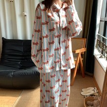 上新蓝条纹腊肠狗纯棉磨毛家居服小翻领领长袖长裤睡衣套装可外穿