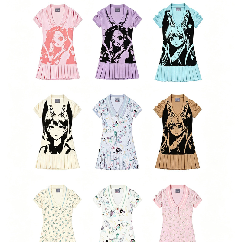 Ashley Williams New Color-Blocked Cute Cartoon Graffiti Print Design Shirt Collar Short-Sleeved Dress Ashley Williams New Color-Blocked Cute Cartoon Graffiti Print Design Shirt Collar Short-Sleeved Dress