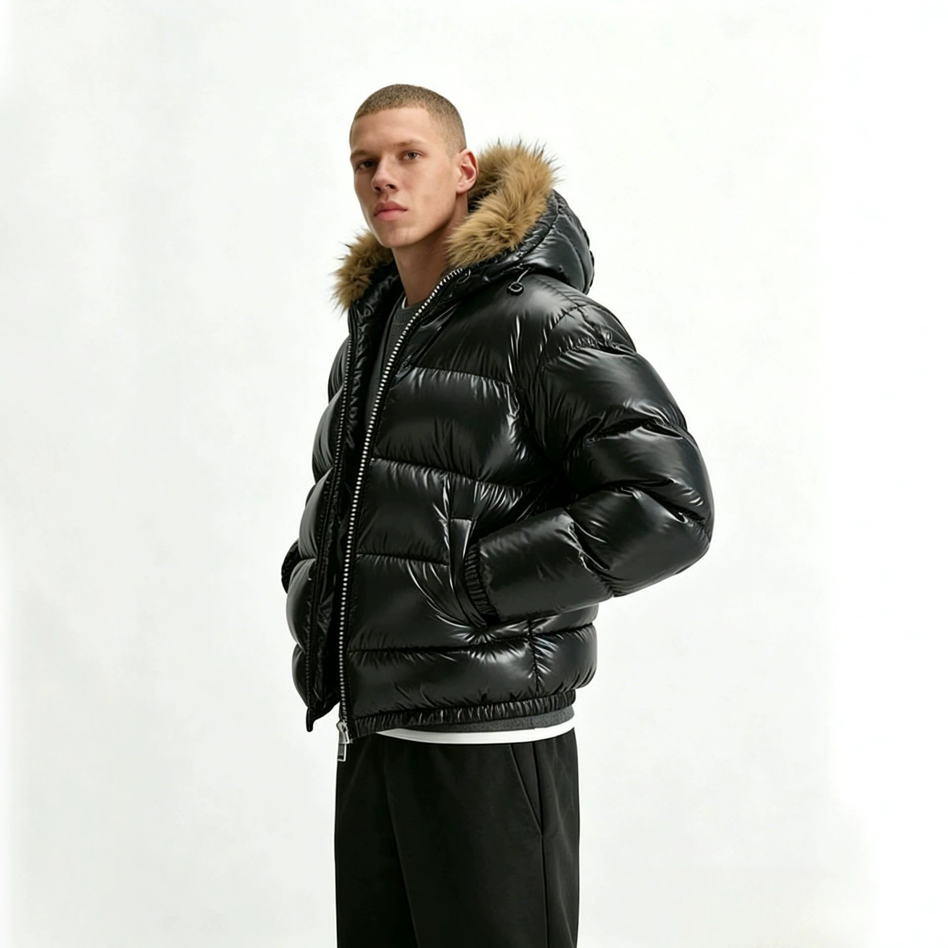 European and American Cross-Border Men's Cotton Jacket Custom-Made Glossy Horizontal Quilted Large Fur Collar Hooded Warm Jacket Cotton Coat
