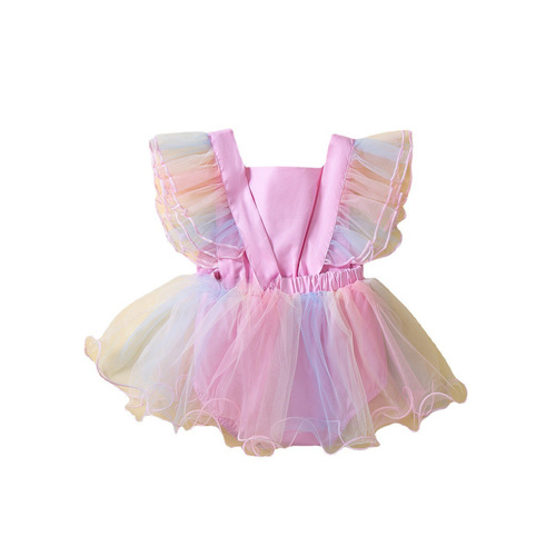 SAMGAMI BABY童装新款婴儿夏季网纱哈衣渐变粉蝴蝶结宝宝连体衣