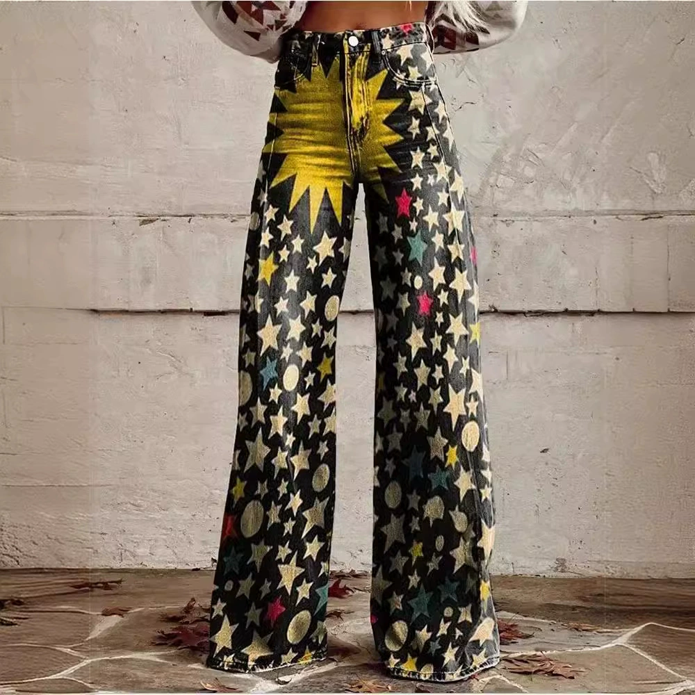 Стильный цветок женские джинсы с высокой талией широкие брюки свободные женские тонкие джинсы с широкими ножками