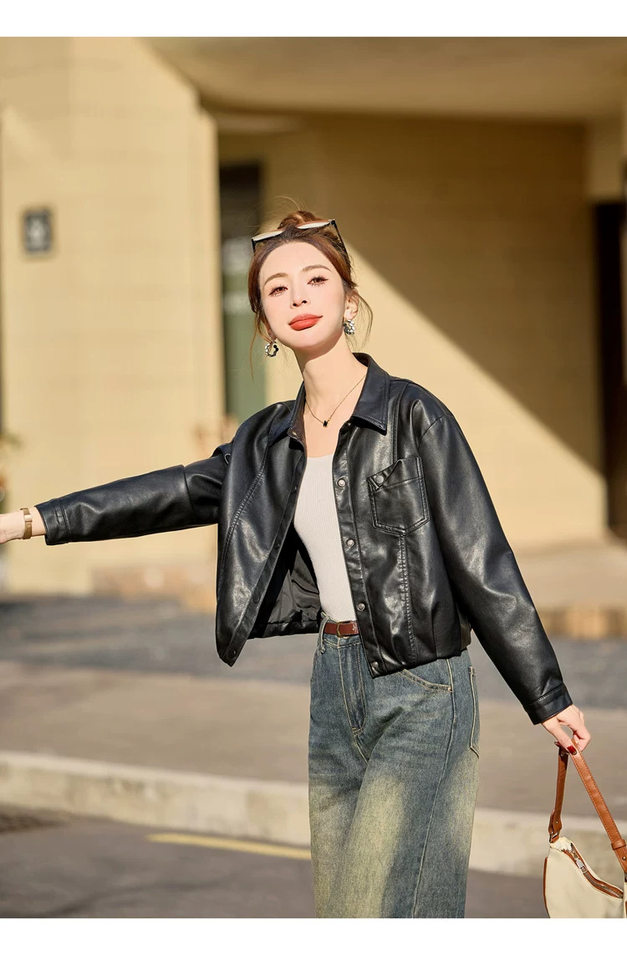 Áo khoác da nữ ngắn dáng ôm cổ bẻ chất liệu giả da cừu — Màu cà phê, màu đen chi tiết 22