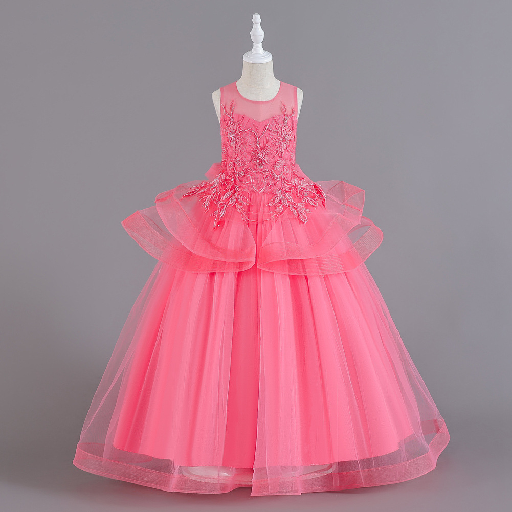 Pasarela de niñas de gama alta vestido de princesa largo para niños nuevos vestido de rendimiento de niña de flores vestido de malla mullido