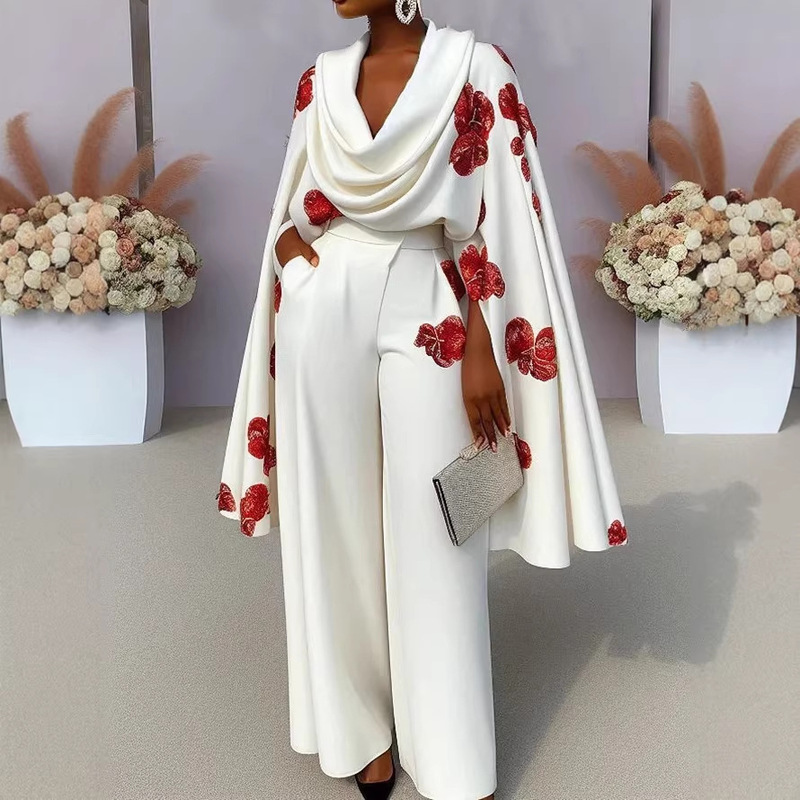 Foreign Trade Cross-Border European and American Women's Clothing, New Arrivals on Independent Platforms, Printed Ruched Collar Long-Sleeve Two-Piece Set with Long Pants Foreign Trade Cross-Border European and American Women's Clothing, New Arrivals on Independent Platforms, Printed Ruched Collar Long-Sleeve Two-Piece Set with Long Pants