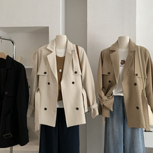 欧玛莱 高级感英伦风双排扣收腰西装领长袖中长款风衣外套女 4709