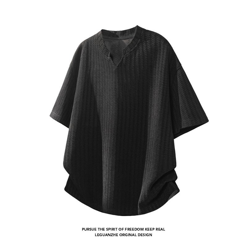 Herringbone Pattern V-neck Short-sleeve T-shirt Men, Summer Trendy American-style Clothing, Loose Fit, Heavy-duty_voghion.com
