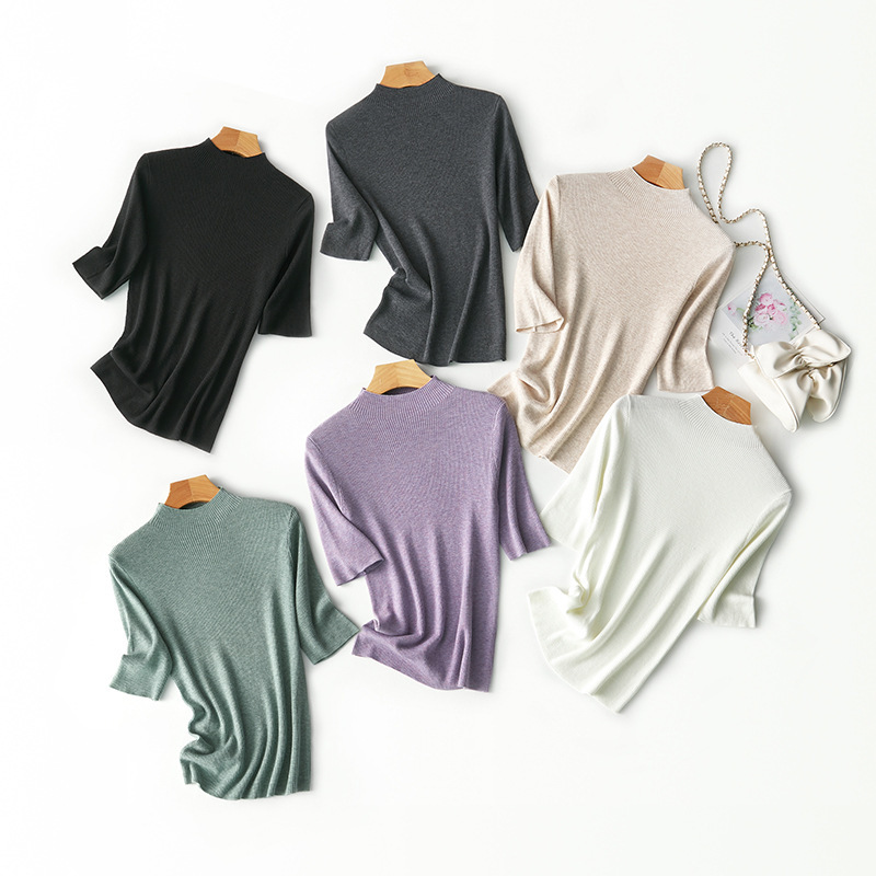 2026 Spring New Style Half-High Collar, Half-Sleeve, Wool-Blend, Elegant Commuter Style, Mid-Sleeve, Small Stand-Up Collar, Inner Knitwear