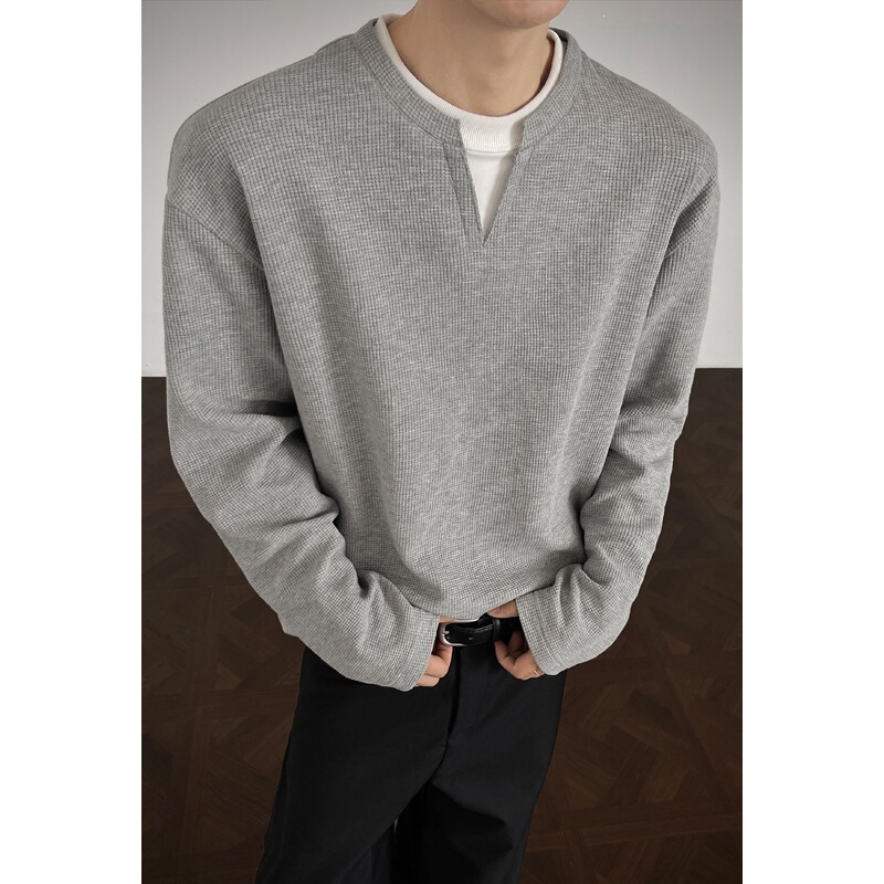 Fake Two-Piece Long-Sleeve T-Shirt for Men, Autumn American-Style Waffle V-Neck Base Shirt, High Street Plus-Size Casual Inner Wear Sweatshirt for Men