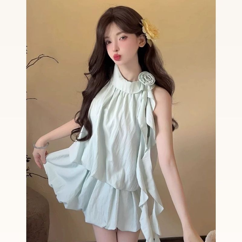 绝美薄荷绿飘带气质无袖蓬蓬花苞短裙2025夏季新款挂脖连衣裙|undefined
