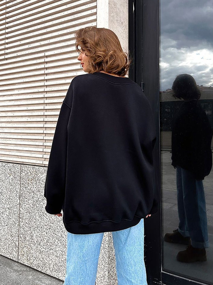 Áo sweatshirt nữ cổ tròn dáng rộng oversize tay dài chất liệu nỉ lông — Hoa màu xám, Màu cà phê, Màu trắng, Xanh navy chi tiết 12