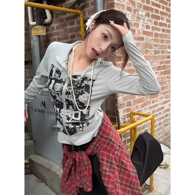 2024 Autumn and Winter New Rock Band Printed Slim-Fit Zip Base Shirt Cardigan Women Fashion Top