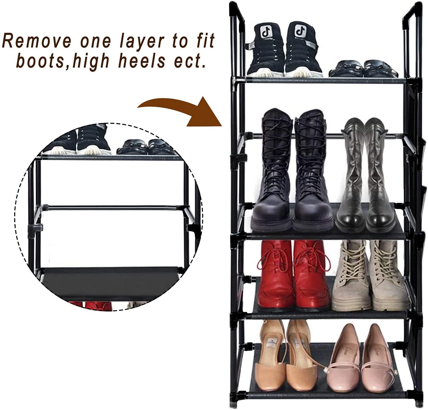 跨境专供简易安装无纺布侧挂袋五层鞋架置物自由组装厂家直销