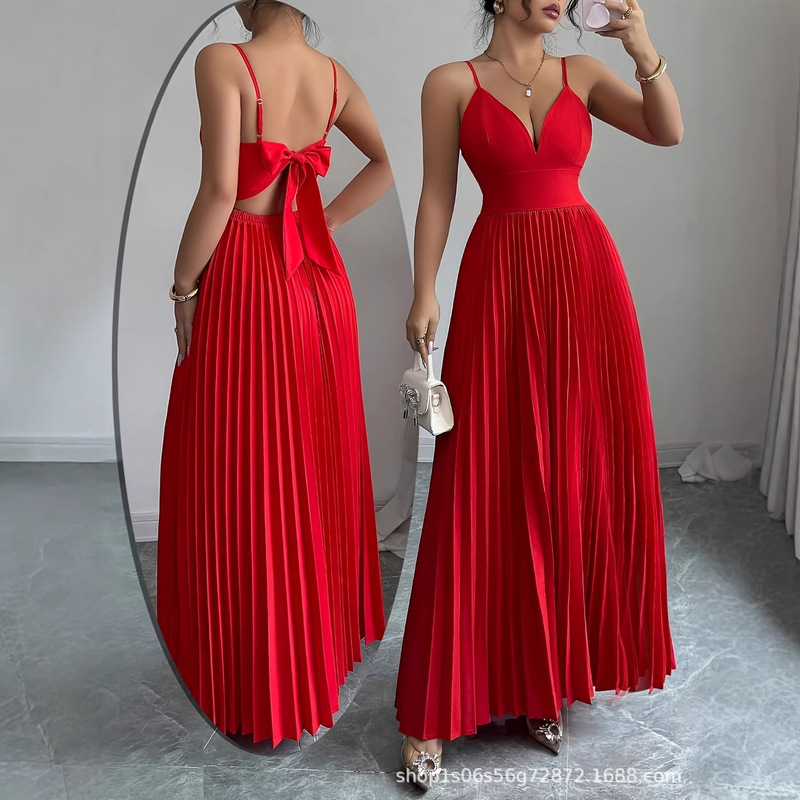 Women's Elegant and Sexy Solid Color Backless Spaghetti Strap Dress, Suitable for Weddings, Casual Wear, Vacations, and Afternoon Tea