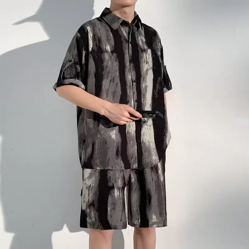 短袖衬衫套装男2025夏季新款休闲撞色衬衣韩版设计感宽松印花上衣