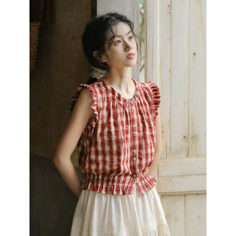 Nesoulum Red Plaid Sleeveless Shirt for Women, Summer Vintage Style with Small Flutter Sleeves and Ruffled Edge Design