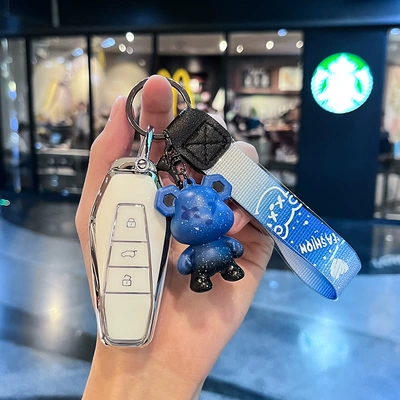buckle bag, Car key bag - chery-model-i-smart-3-button-single-shell-white-blue-violent-bear-pendant