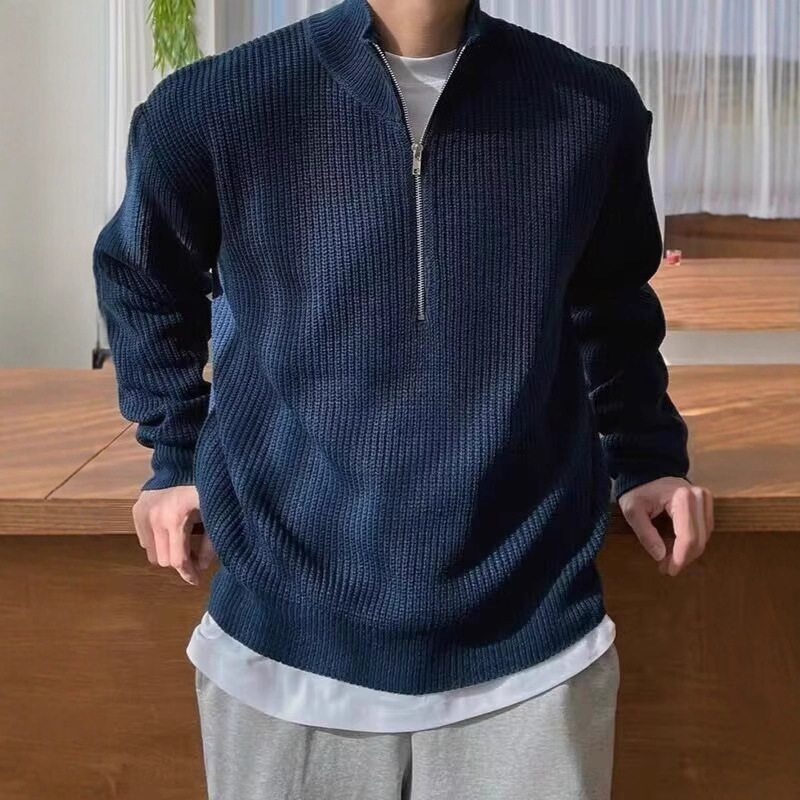 Suéter masculino de malha com meio zíper – Pulôver estiloso com tecido respirável e resistente a manchas (cinza/preto/azul/cáqui, tamanhos M-3XL)_voghion.com