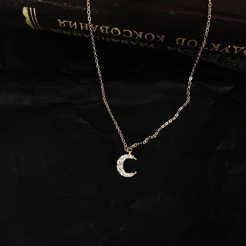 Moon Pattern 925 Sterling Silver Zircon Cable Chain Plating Moon Pendant Necklace