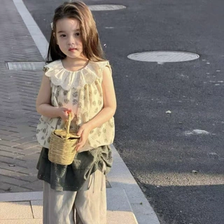 女童套装2026新款洋气花边领碎花娃娃衫宝宝阔腿裤花边屁帘两件套