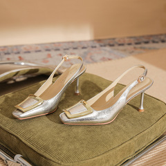 79901 [Sheepskin] Square Toe High Heels Women's Thin Heels 2024 Summer New Style Baotou Square Buckle Sandals