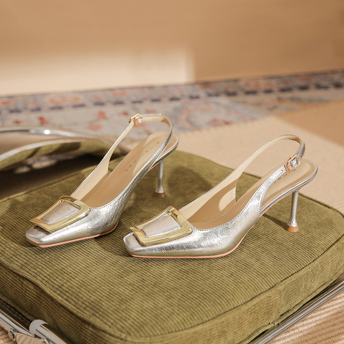 79901 [Sheepskin] Square Toe High Heels Women's Thin Heels 2024 Summer New Style Baotou Square Buckle Sandals