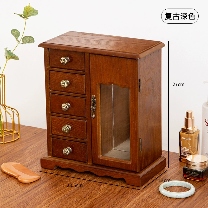 Retro storage system, antique storage box, necklace, ring, earrings, jewelry, wooden sophisticated accessory, light luxury style