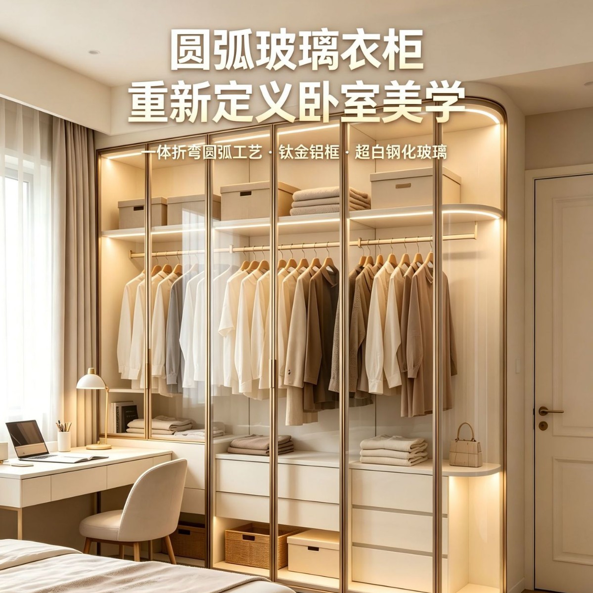 极简隐框长虹玻璃衣柜 香槟金铝合金框带灯带转角衣帽间 主卧落地