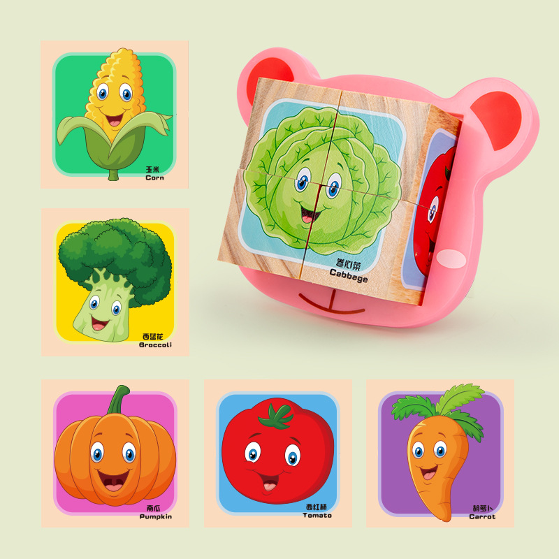 Educación temprana educativa para niños de madera Ilustración jengle dinosaurio de madera pintura de seis caras 3D bloques de construcción tridimensionales juguetes de rompecabezas