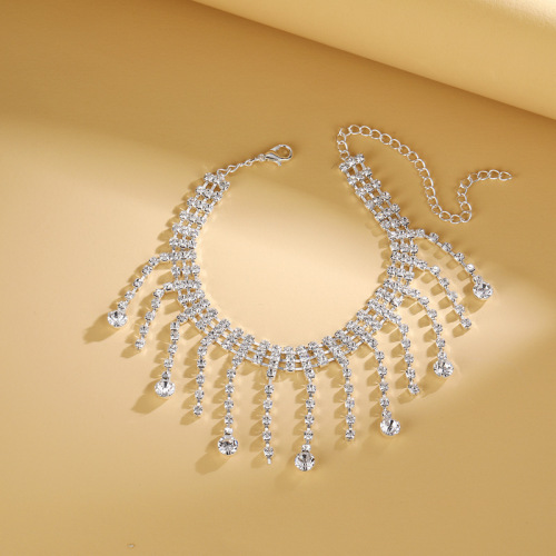 New European and American hot-selling rhinestone tassel anklet, women's beach simple double-layer teardrop pendant anklet wholesale