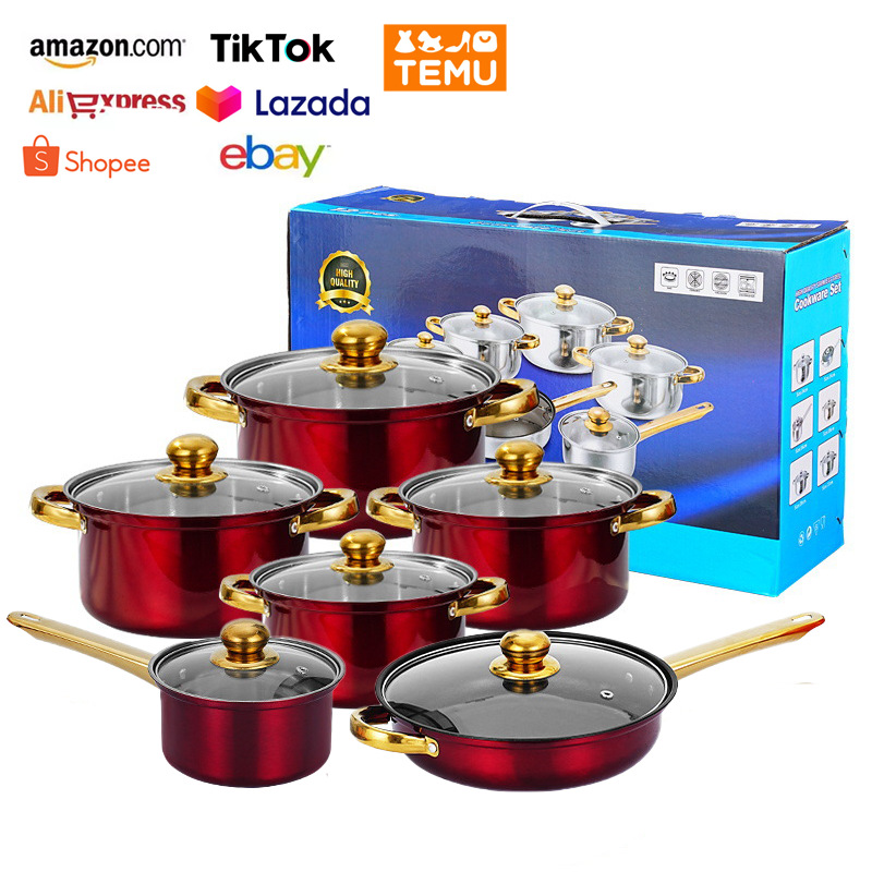 Cross-border source stainless steel 12-piece pot suit milk pot soup pot frying pan combination stainless pots set pot