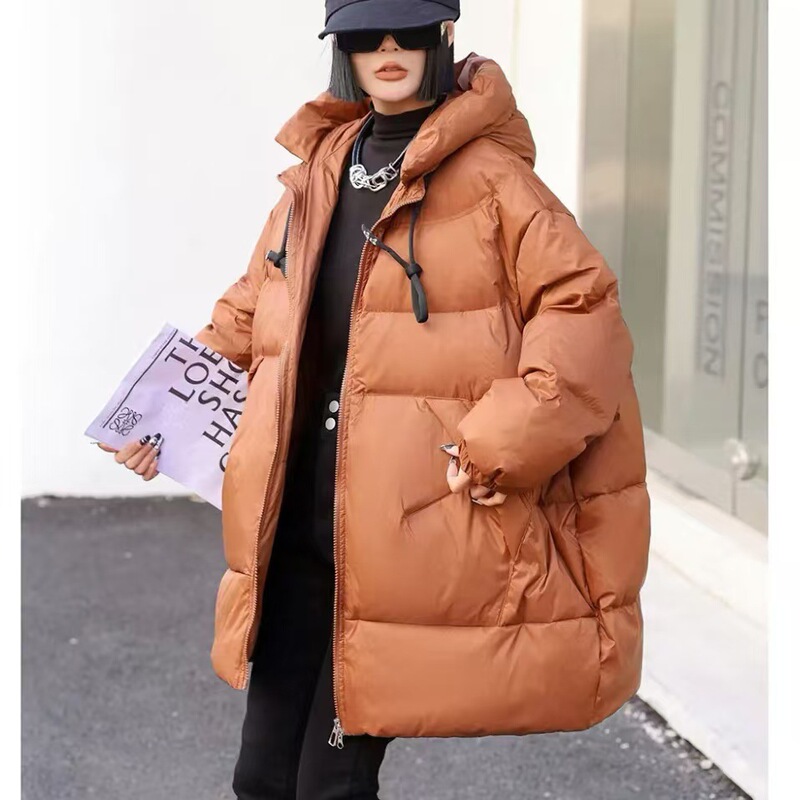 Elegant Mid-length Hooded Zipper Down Jacket Winter New Warm Thickened Casual Large White Duck Down Jacket for Women