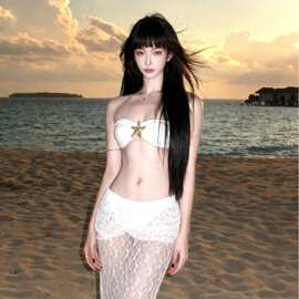 新款抹胸小众设计海星点缀性感分体泳衣女蕾丝钩花镂空度假长裙