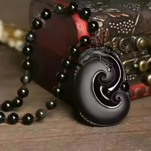 财深爷天然磨砂黑曜石如意龙吊坠纯貔貅男士女款项链茶晶